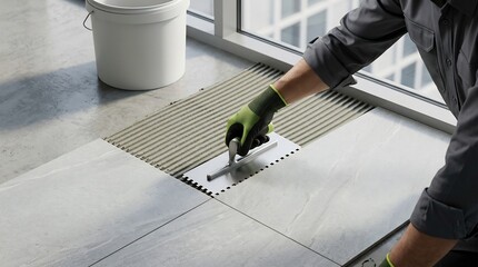 Construction worker carefully laying down a new tile with adhesive using a trowel