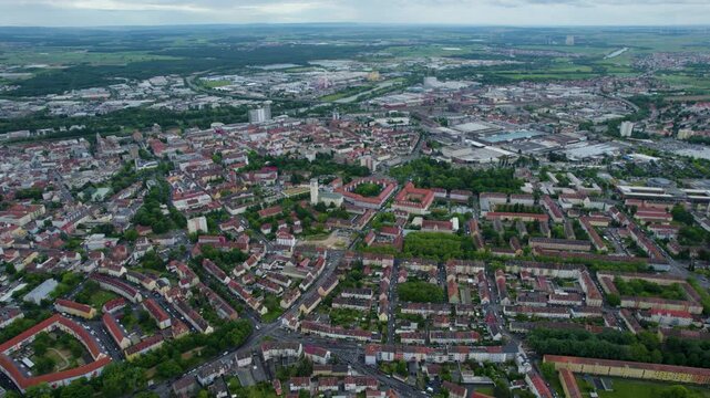 Aerial panoramic view beside the old town of the city Schweinfurt in Germany, Bavaria on a cloudy spring noon