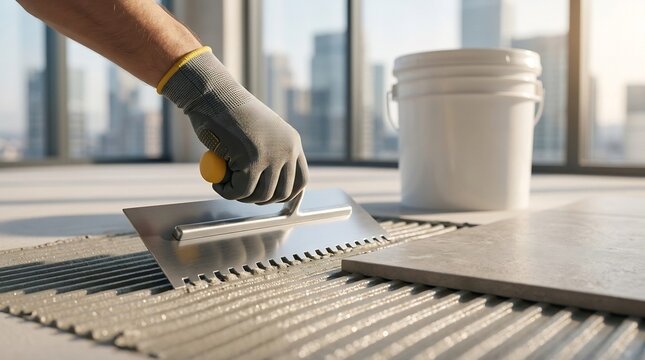 Construction worker carefully laying down a new tile with adhesive using a trowel