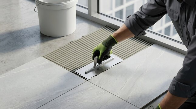 Construction worker carefully laying down a new tile with adhesive using a trowel