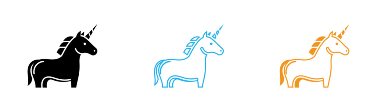 Three unicorn silhouettes in black blue and orange on a white background