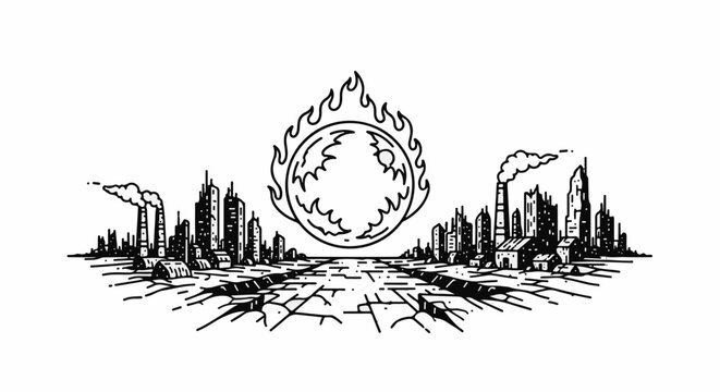 A dystopian cityscape with a fiery orb above a cracked, arid landscape