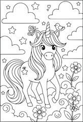 Obraz premium Mythology unicorn coloring page with a butterfly and bird among the stars