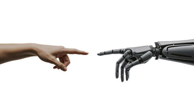 Origin of Connection Human and robotic hands reach, symbolizing the intricate future and collaborative genesis between mankind and artificial intelligence, a new era