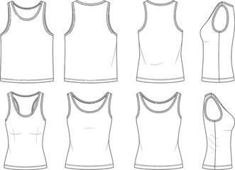 Naklejka premium Various flat-sketch technical drawings illustrate multiple front and back views of different women's tank top apparel silhouettes.