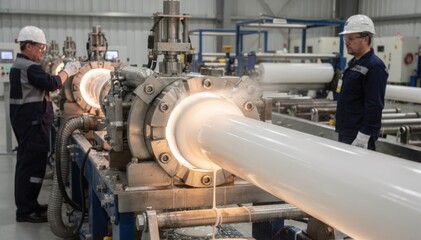 Naklejka premium Medium shot of PVC pipe extrusion line showcasing smooth flow of molten plastic through shaping dies in a modern industrial facility with focused machinery and operators.