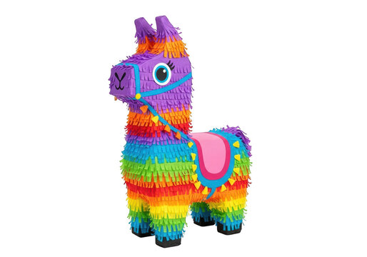 A colorful pi&ntilde;ata in the shape of a llama with rainbow stripes and fringe