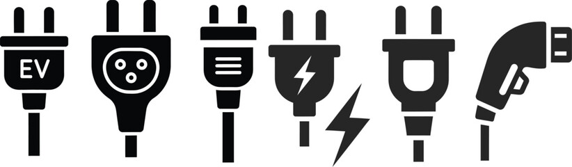 Obraz premium Diverse collection of electric vehicle charging plugs and power connectors, illustrating essential energy supply interfaces and sustainable technology symbols for modern connectivity