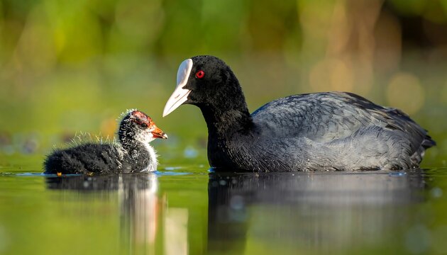 A coot with its chick floating on water, showcasing natural beauty