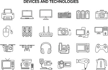 Collection of black line art icons displays various electronic devices and essential modern office and personal technologies on a white.