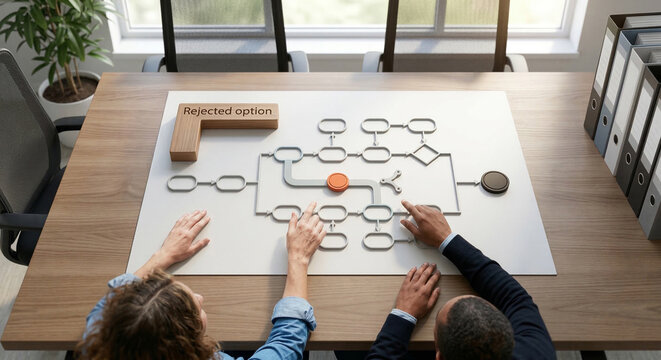 Hands reviewing process flowchart with rejected option on office table