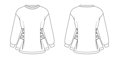 Sweatshirt fashion mockup with front and back view, sweatshirt template with lace up sides for clothing design, apparel branding, garment presentation, fashion catalog