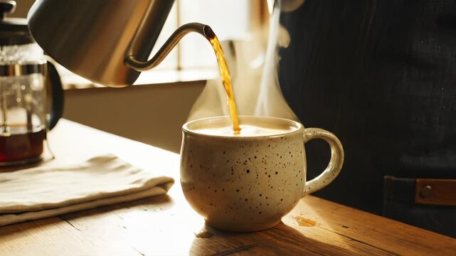 Hand pours hot coffee into ceramic cup. Steam rises from pouring coffee. Morning light hits coffee cup on table. Hot steam floats above fresh coffee. Pouring coffee fills mug. Warm morning breakfast