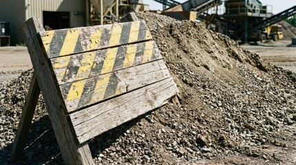 Weathered wooden barrier with black and yellow stripes Large aggregate pile and quarry machinery are visible