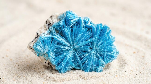 Radiating Shattuckite Crystal Aggregates Displaying Vibrant Blue Acicular Formations on Sandy Surface