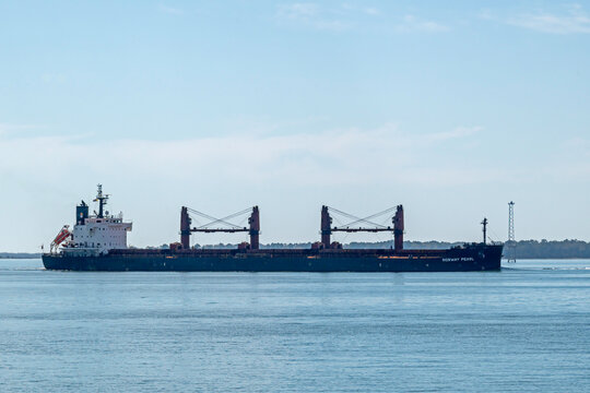 The Supramax class dry bulk cargo ship Norway Pearl navigates Charleston Harbor, SC, USA on March 09, 2026.
