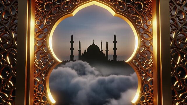 Sunset lighting illuminates a mosque within an ornate archway in a 3D illustration, highlighting sky, clouds, and warm golden glow from a frontal view