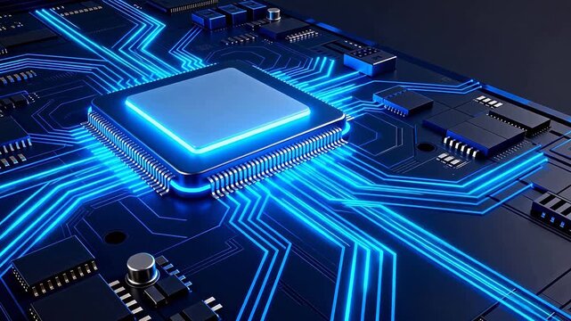 Electronic circuit board with glowing blue lines