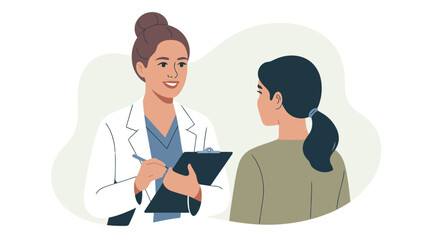 Fototapeta premium A female doctor in a white coat writes notes on a clipboard during a patient consultation
