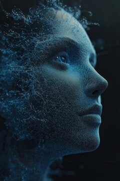 Futuristic face emerges from swirling digital particles