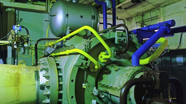 Close framing of heavyduty pump housing with brown hydraulic lines, flange connections and support brackets, industrial mechanical mood, maintenance task implied, dense assembly of pipes and fittings