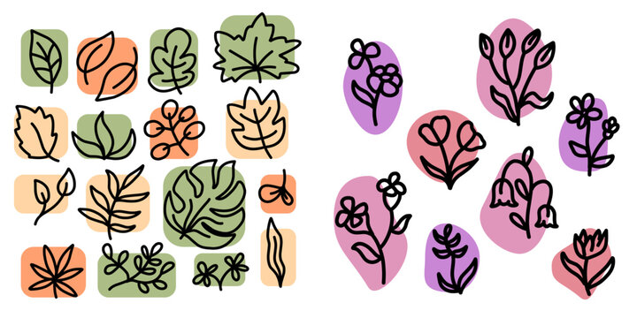 A collection of cute and simple flowers and leaves with a cheerful color background