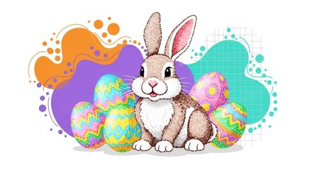Cute easter bunny with decorated eggs