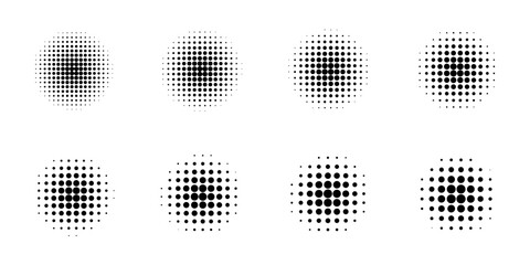 Set of halftone dots gradient pattern texture isolated on white background. Straight dotted spots using halftone circle dot raster texture.