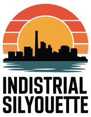Fototapeta premium Industrial City Silhouette at Sunset with Smokestacks and WaterStock Graphic
