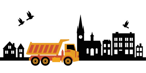 An orange construction dump truck driving past a silhouette of a town with a church and flying birds Vector © MDSOPON