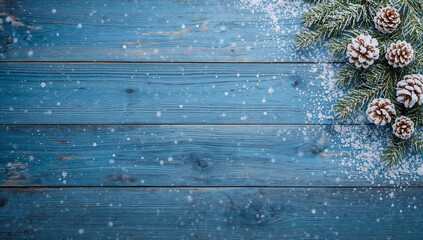 Fototapeta premium Rustic blue wooden background with snow-dusted pine cones and evergreen branches