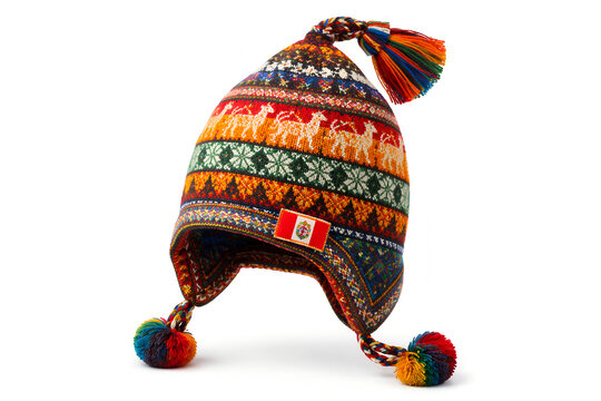 Traditional national hat from Peru-andean chullo knitted hat representing authentic cultural heritage and craftsmanship. A small sewn fabric label featuring the Peru national flag.