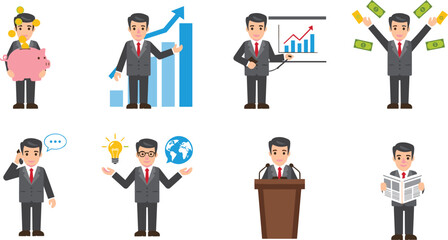 Set of businessman character in various poses including financial growth presentation idea brainstorming speech and money management isolated on white background vector illustration