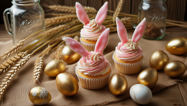 Esta composici&oacute;n presenta tres cupcakes con orejas de conejo rosa, rodeados de huevos dorados y espigas de trigo sobre una mesa r&uacute;stica de madera.