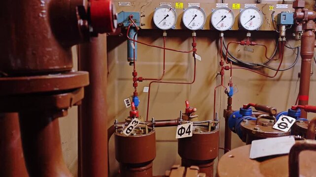 Wide mechanical room scene with redhandled valves, multiple pressure dials and filter canisters maintenance role implied operating valves, checking gauge trends and documenting anomalies