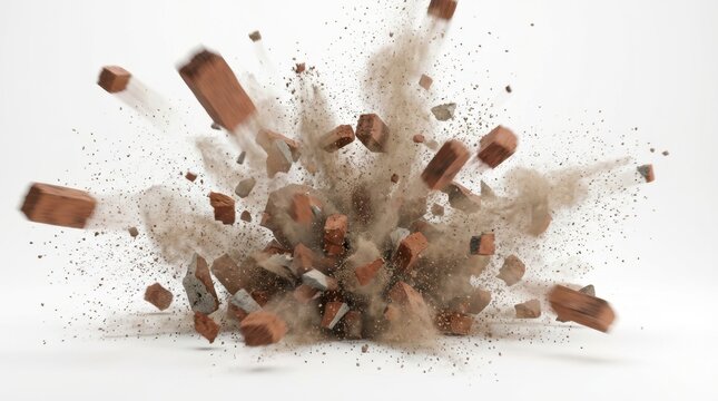Red bricks and shattered fragments explode outwards in a cloud of dust and debris against a clean white background