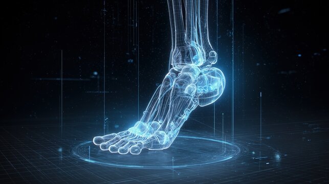 3D rendered X-ray visualization of human foot and ankle bones,volumetric glowing skeleton floating in dark space,blue and cyan luminescent tones, subsurface scattering light effect through bone tissue
