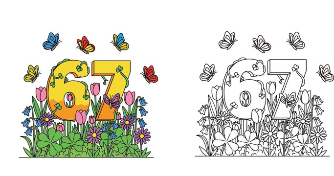 Floral Number 67 with Butterflies, Clovers, and Spring Flowers - Nature's Beauty and Celebration