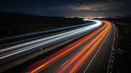 Vibrant light trails illuminate a winding highway at night, capturing the essence of rapid motion and urban transit.
