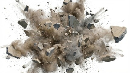 Concrete and rock fragments with dust explode outwards against a bright white background creating dynamic destruction