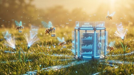 Swarm Intelligence AI Concept: Robotic Cyber Bees Pollinating Digital Fiber Optic Data Flowers in a Future Tech Ecosystem