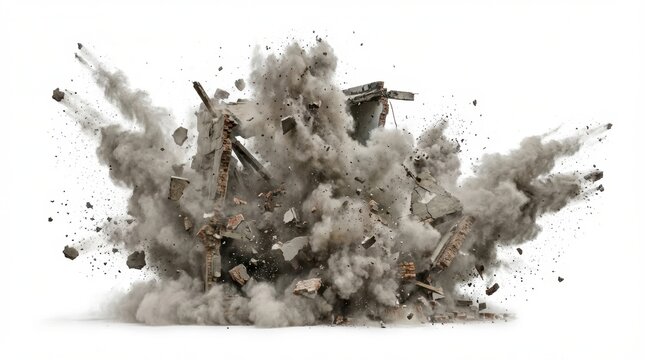 An exploding building collapses generating a massive cloud of dust smoke and shattered concrete debris