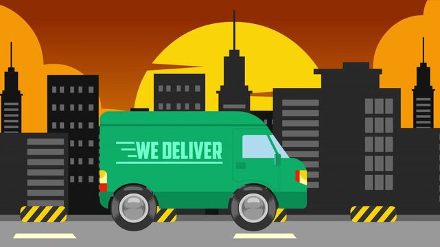 Delivery Van Driving Through City Day Sunset and Night Scenes &ndash; 4K Animation Video Motion Graphics With Skyline Background