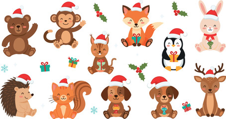 Cute Christmas animals cartoon collection with bear monkey fox rabbit penguin dog deer squirrel vector illustration set © Vector Design Hub