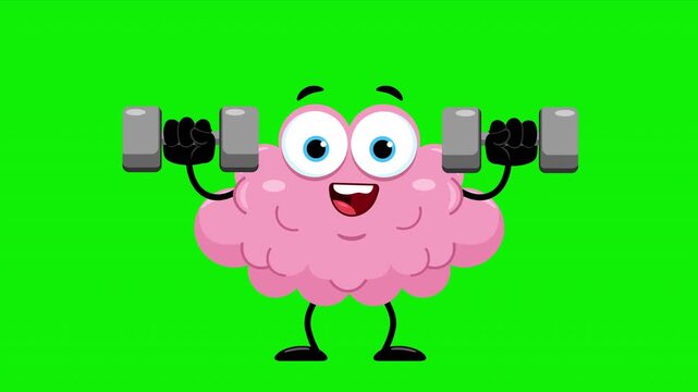 Brain Mascot Doing Fitness Exercise Raising Dumbbells &ndash; 4K Video Motion Graphics With Chroma Key Green Screen Background