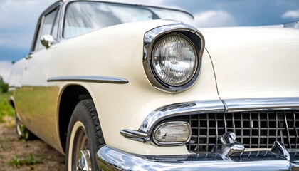 Cream classic car, front view, focus on headlight. Chrome details gleam under a cloudy sky