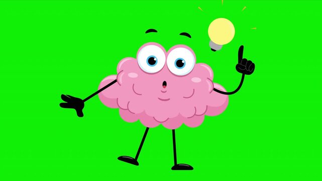 Brain Cartoon Character Having Idea With Light Bulb &ndash; 4K Video Motion Graphics With Chroma Key Green Screen Background