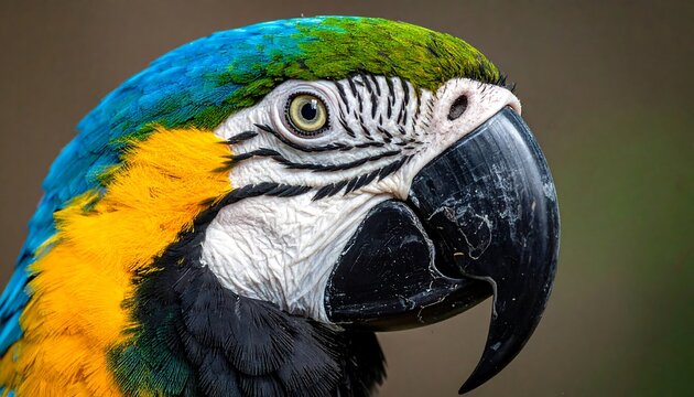 Parrot headshot blue/green head, yellow chest, black beak, piercing eye. Soft focus background