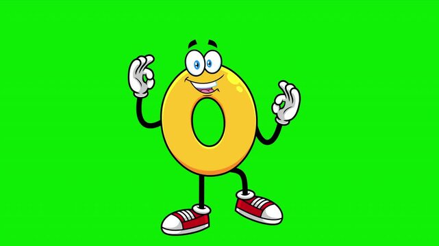 Funny Yellow Number Zero 0 Cartoon Character Showing Hands Number Zero &ndash; 4K Animation Video Motion Graphics With Chroma Key Green Screen Background