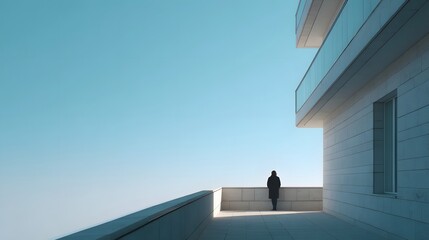 Fototapeta premium A solitary figure stands on a minimalist modern balcony looking out at a vast clear blue sky